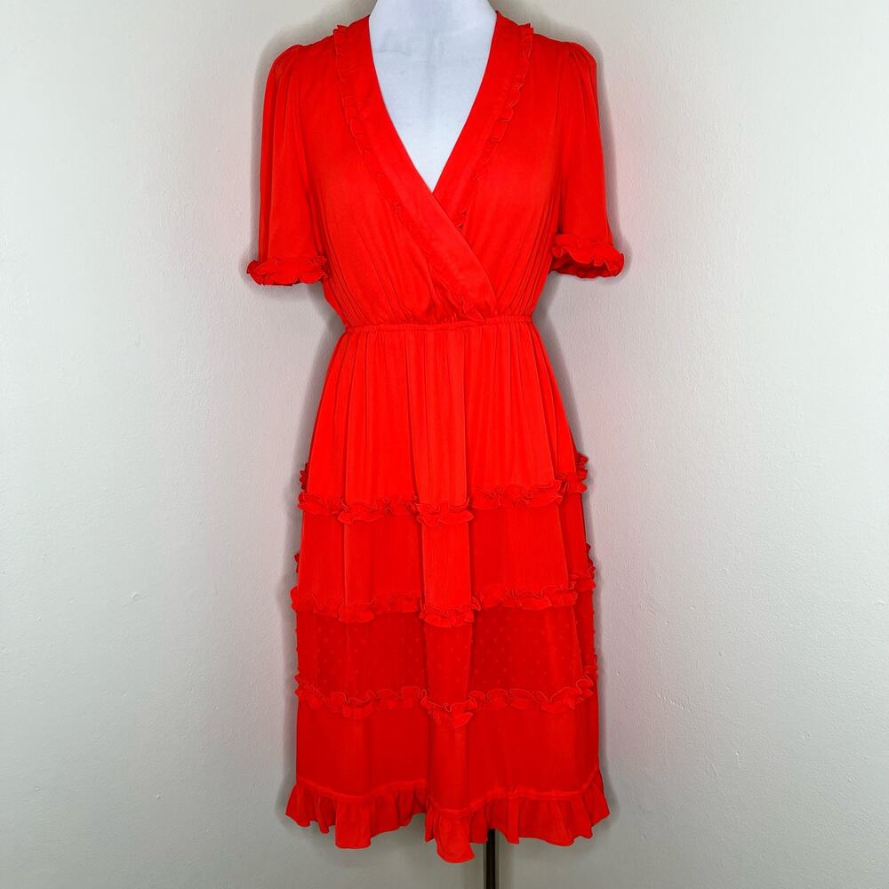 Alexis x Target Midi Dress Small Red Tiered V-Neck Swiss Dot Ruffle Chiffon New